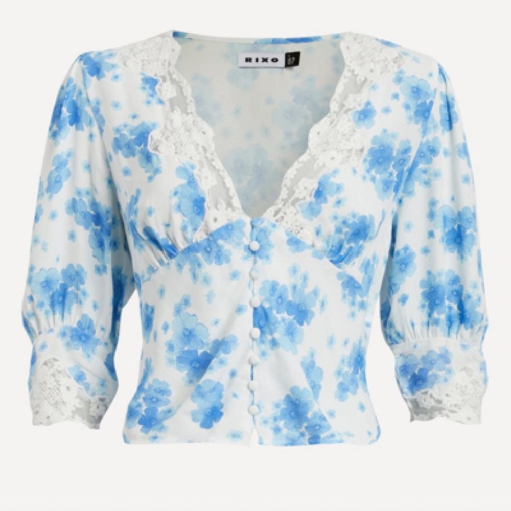 RIXO Amanda Floral Print Lace Trimmed Top In Blue Victoria Floral